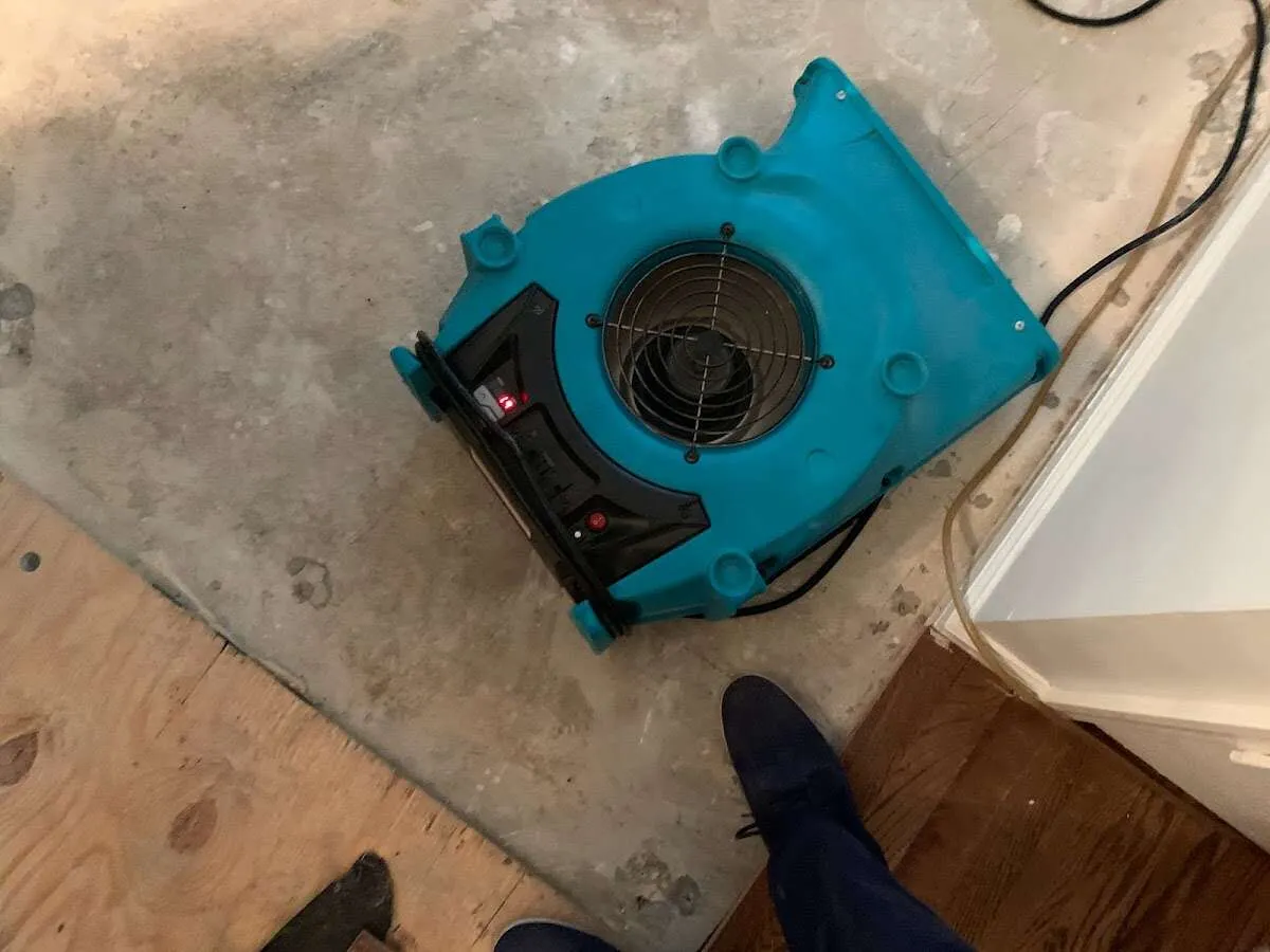 Air mover drying subfloor during Leak Detection & Repair in Blairstown